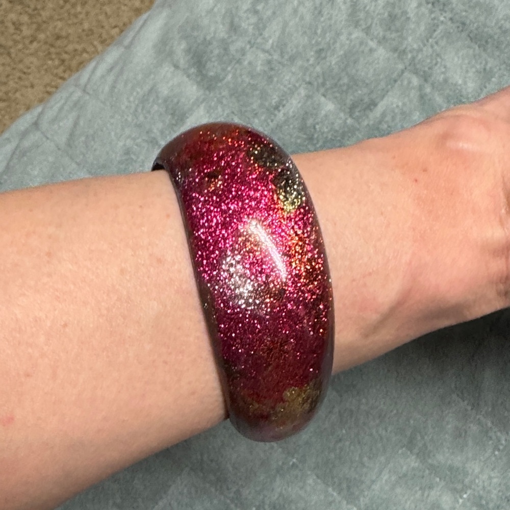 Vintage Plastic Bangle Bracelet, Pink, Glitter, Floral, Asymmetrical Retro, Boho
